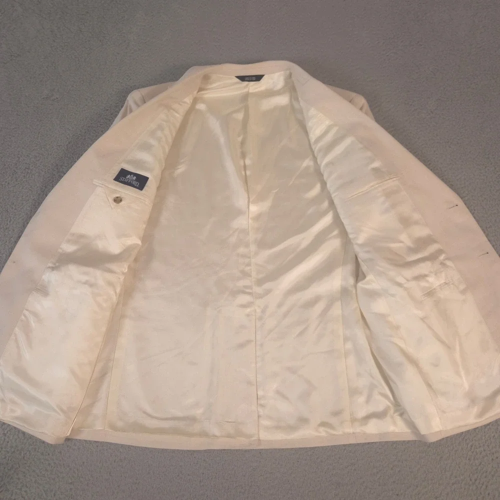 Stafford Blazer Mens 46R Cream Linen Blend Two Button Sport Coat Pocket Square